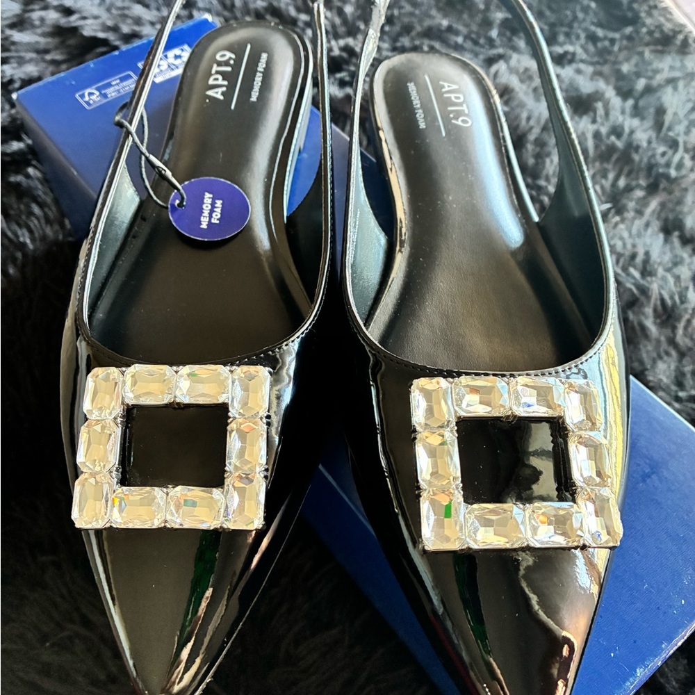Apt. 9 Black Patent Pointed-Toe Slingback Flats with Gem Buckle